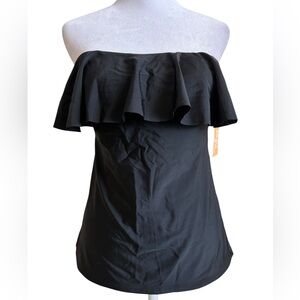 Small Kona Sol Black Ruffle Flounce Tankini Top Removable Straps Strapless New